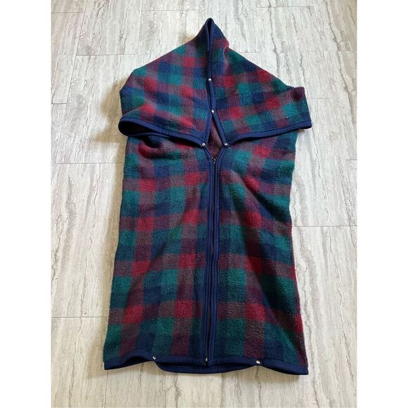 Vtg Biederlack Aurora Cuddle Wrap Check Green Blue Red Blanket Snap Button Zip - Picture 1 of 2